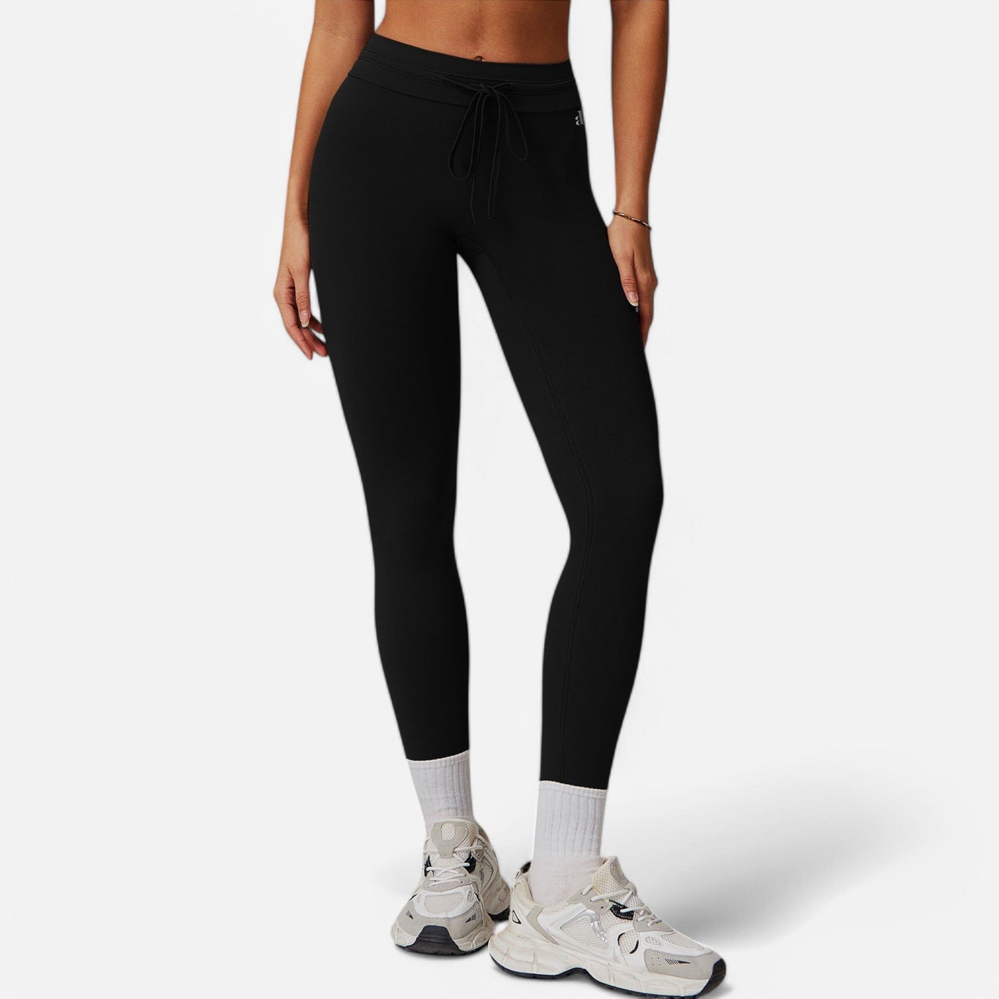 High Waist Drawstring Leggings with Stretchy Fit - Large, Black
