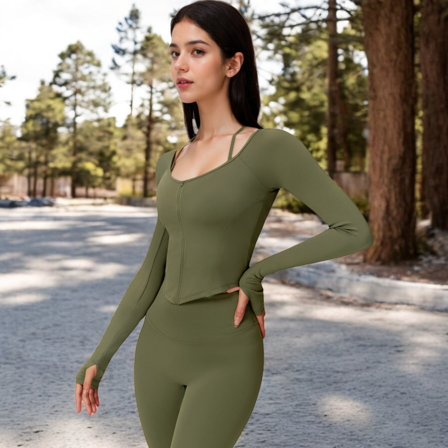 Long Sleeve Zip-Up Top with Thumbholes