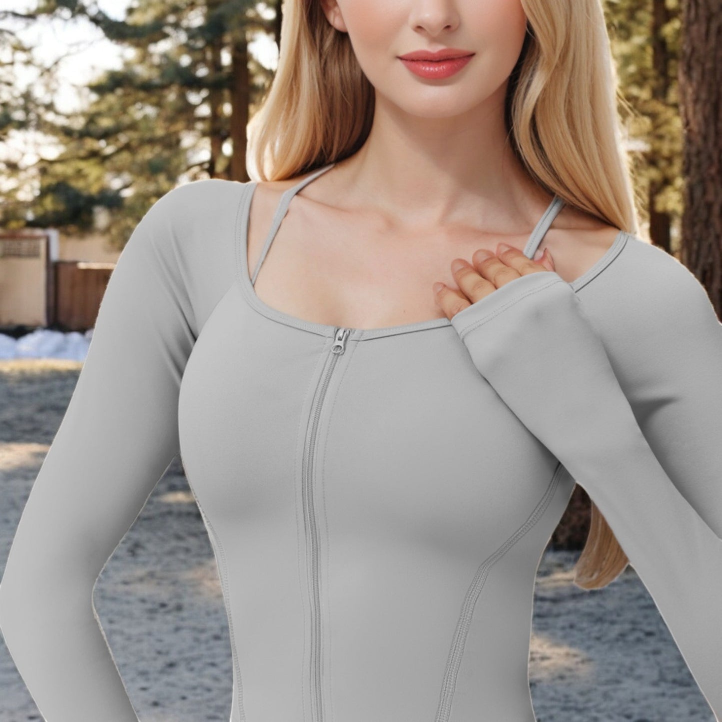 Long Sleeve Zip-Up Top with Thumbholes