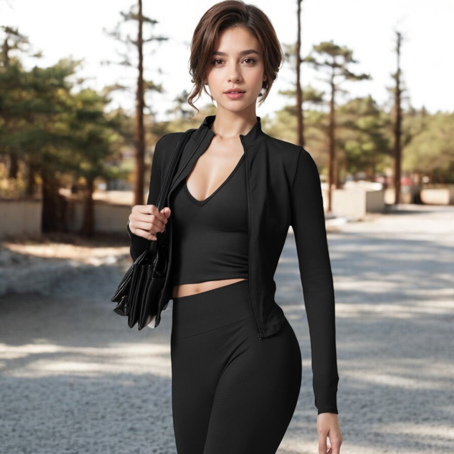 Zip-Up Long Sleeve Activewear Jacket with Thumbholes and High Collar