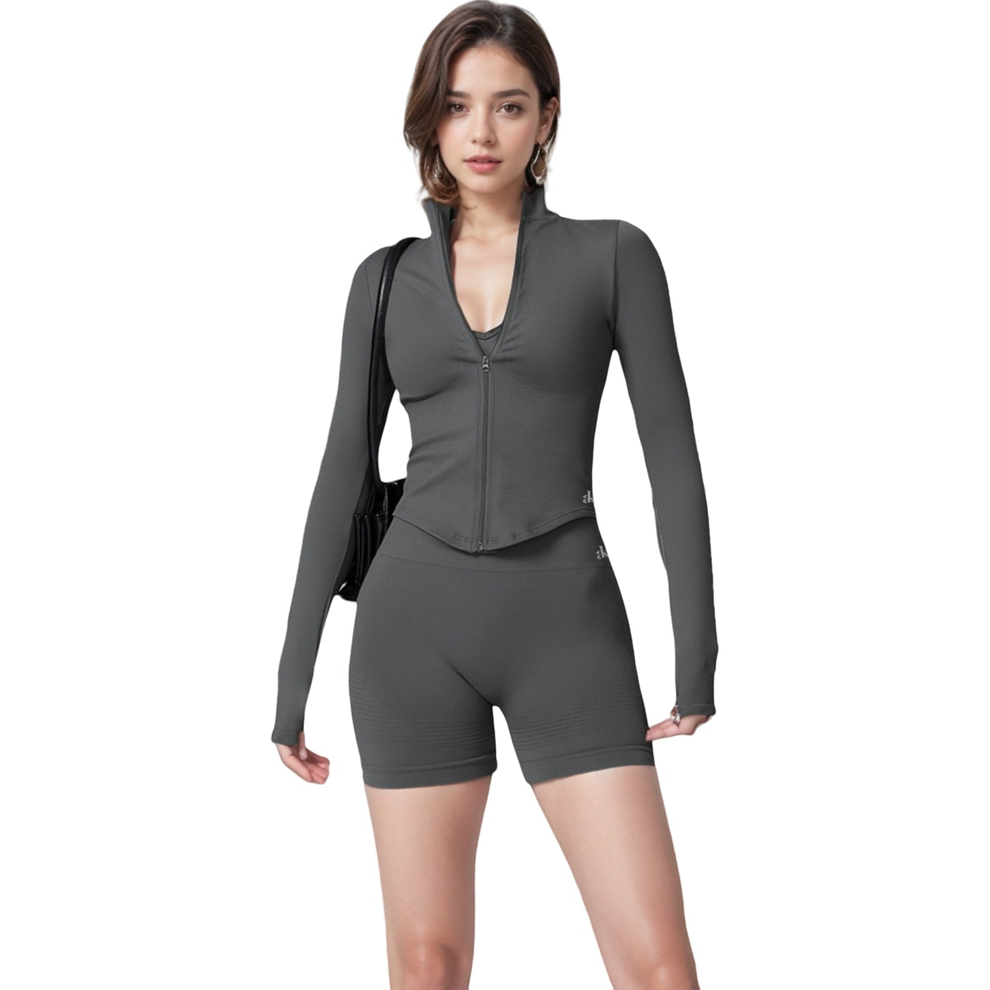 Zip-Up Long Sleeve Activewear Jacket with Thumbholes and High Collar