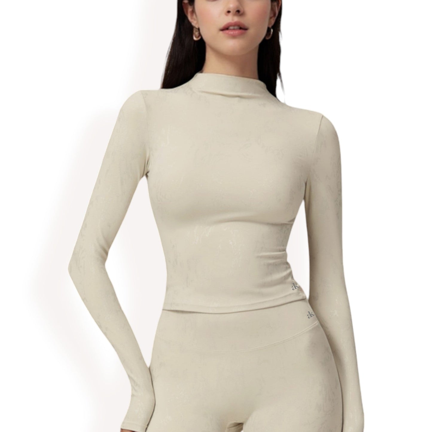 High Neck Long Sleeve Active Top with Subtle Pattern