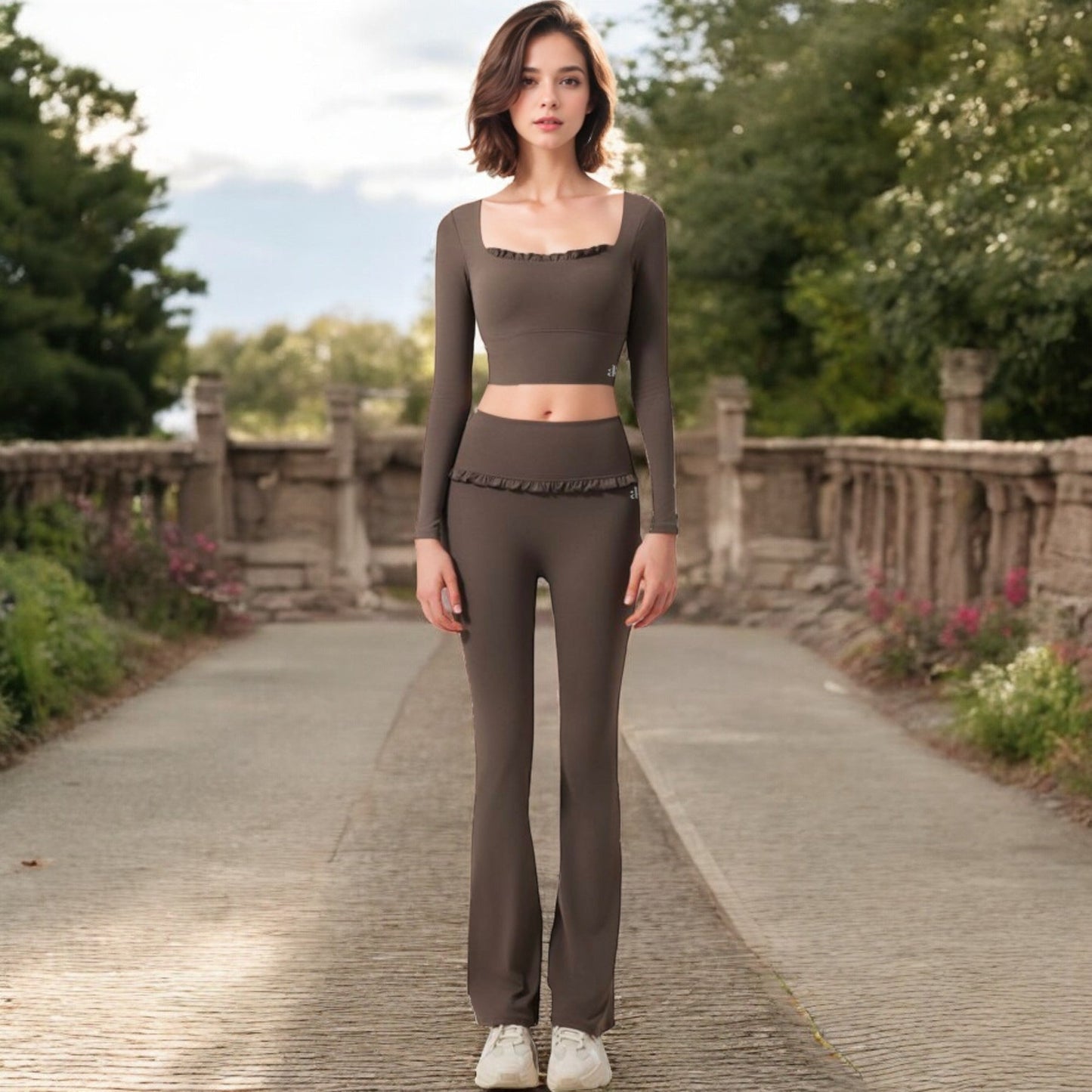 High-Waisted Flare Pants with Ruffle Waistband