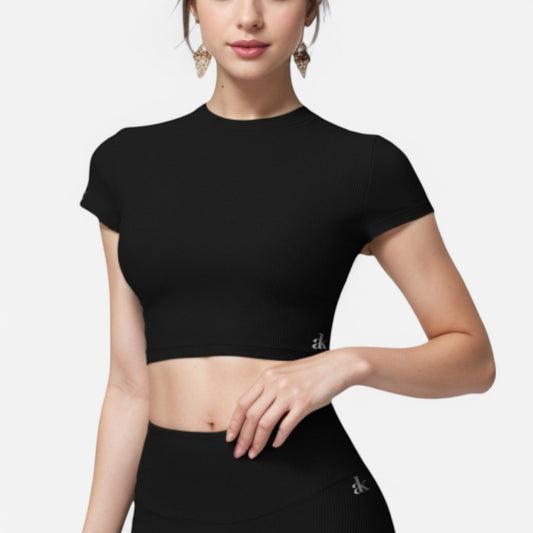 Active Women's Short Sleeve Ribbed Crop Top with Crew Neck and Stretch Fabric