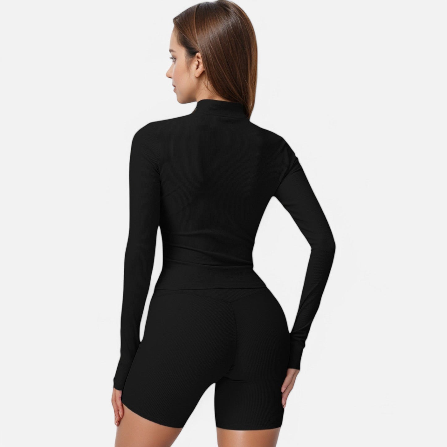 Active Women's Long Sleeve Fitted Ribbed Knit Top with Zip Collar and Thumbhole Cuffs