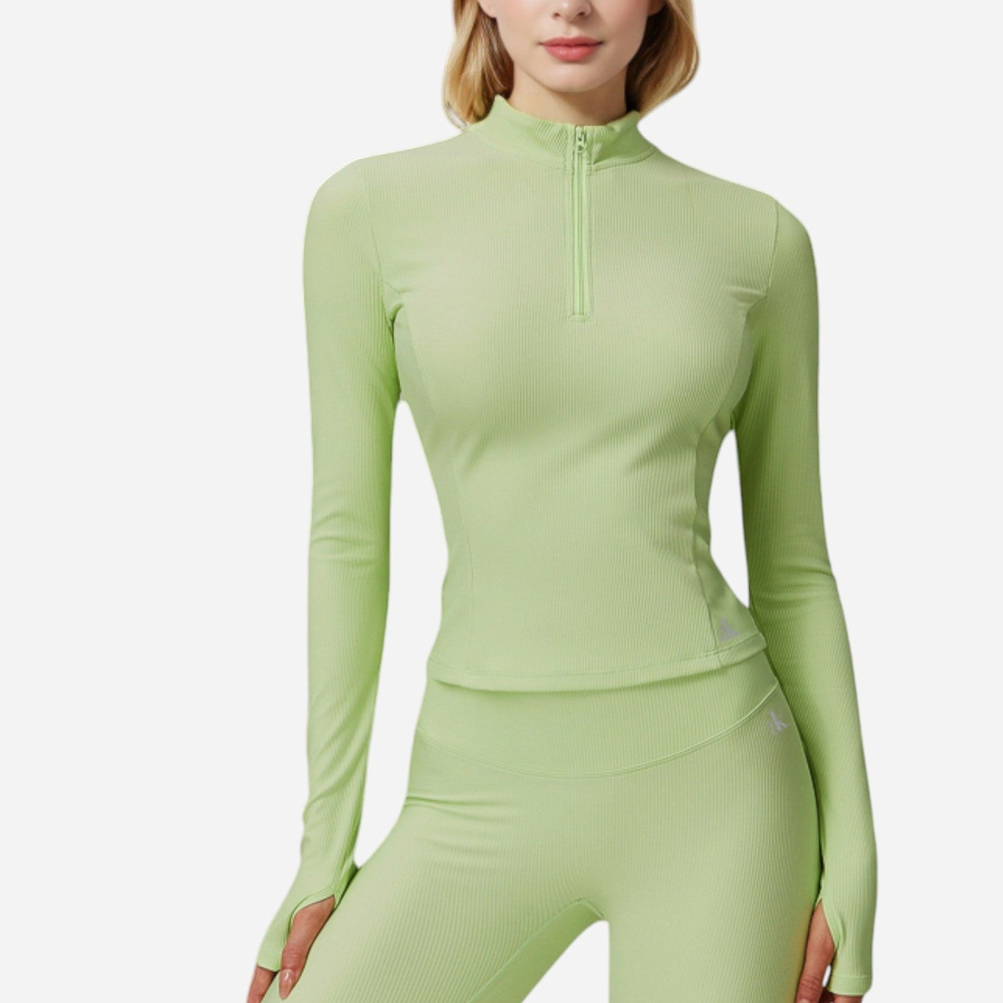 Active Women's Long Sleeve Fitted Ribbed Knit Top with Zip Collar and Thumbhole Cuffs