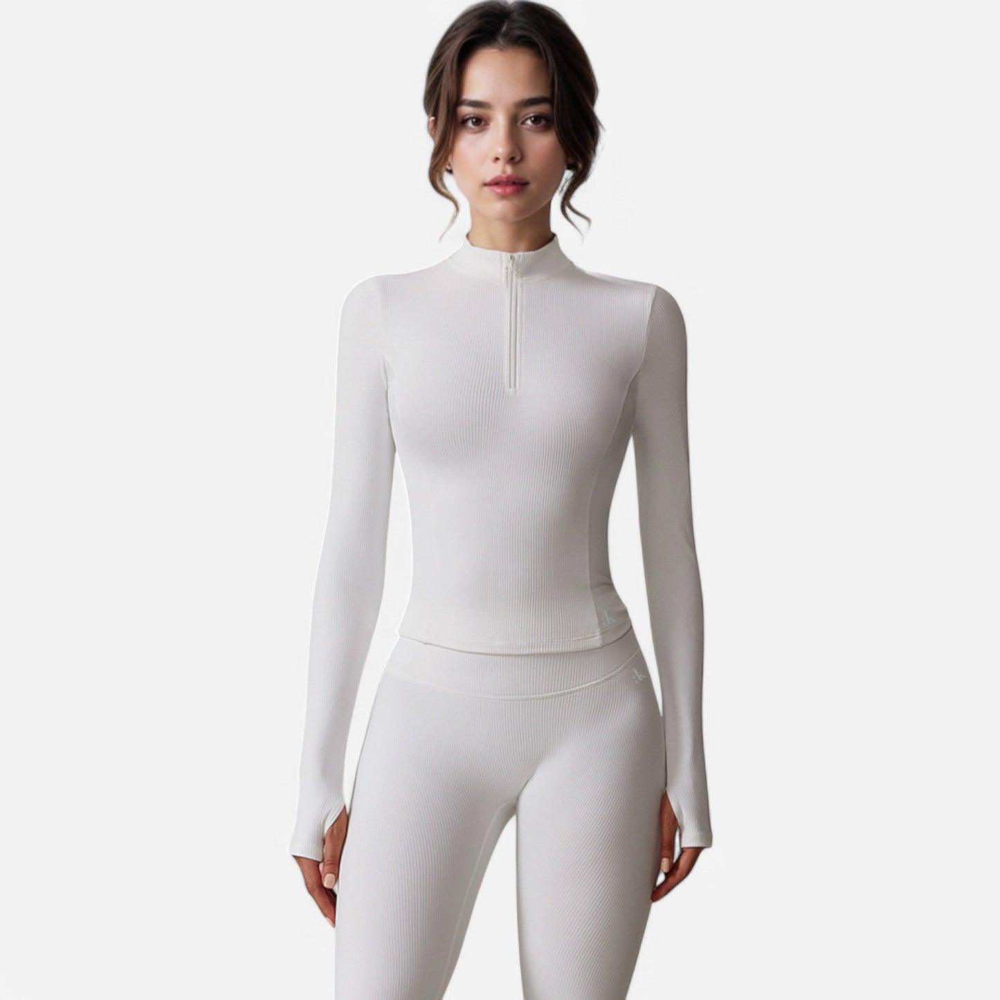 Active Women's Long Sleeve Fitted Ribbed Knit Top with Zip Collar and Thumbhole Cuffs