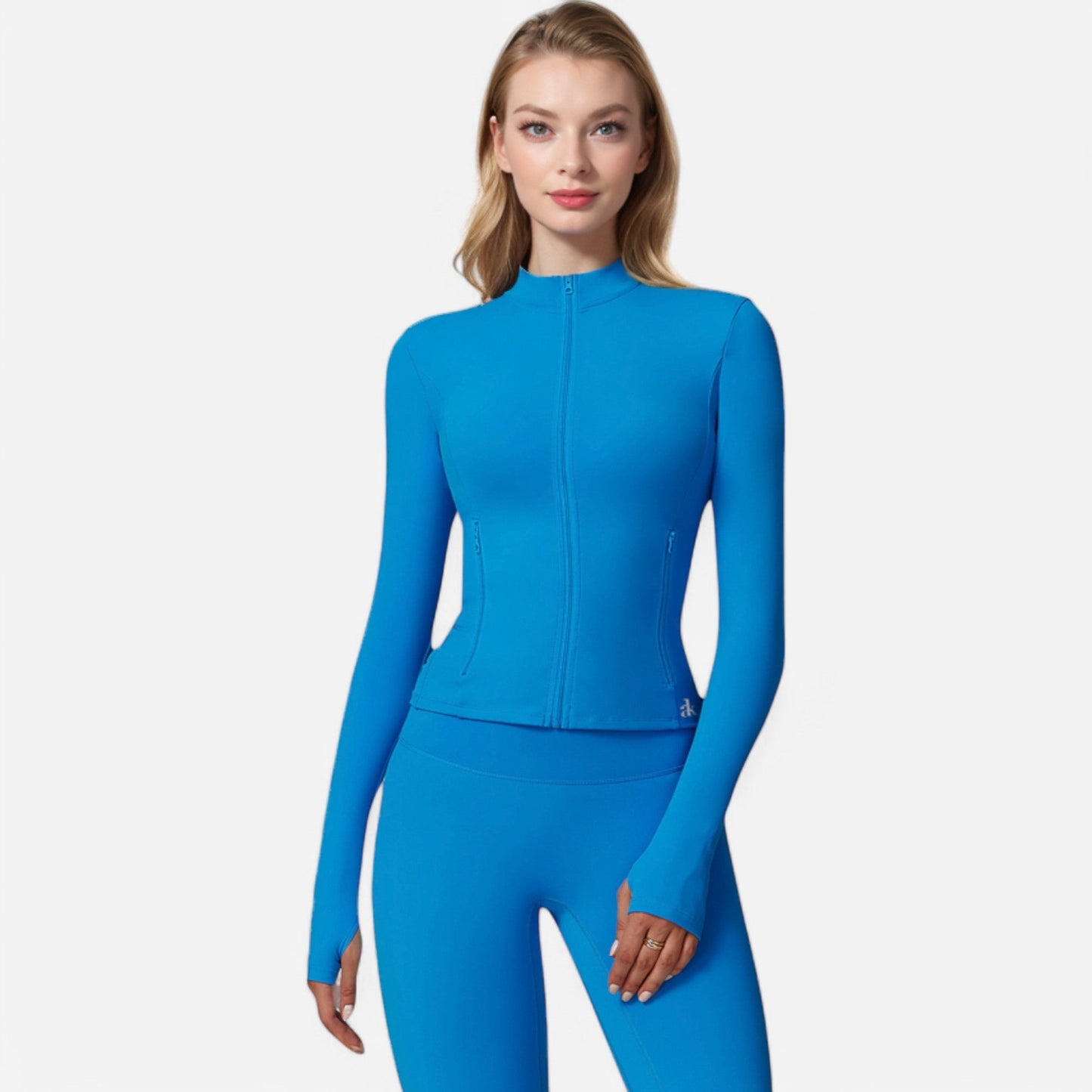 Active Women's Long Sleeve Fitted Zip-Up Jacket with High Collar and Thumbhole Cuffs