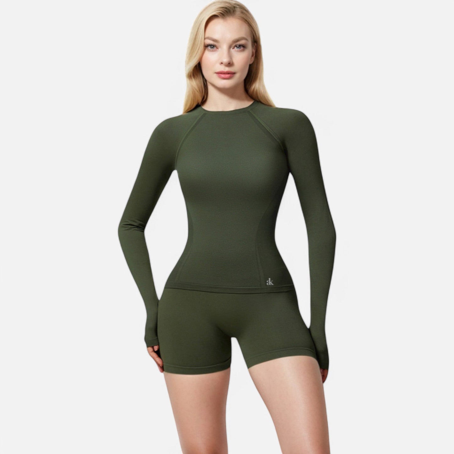 Active Women's Long Sleeve Fitted Crew Neck Top with Thumbhole Cuffs and Seam Detailing