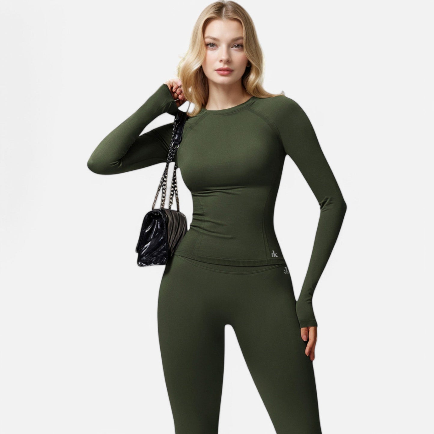 Active Women's Long Sleeve Fitted Crew Neck Top with Thumbhole Cuffs and Seam Detailing