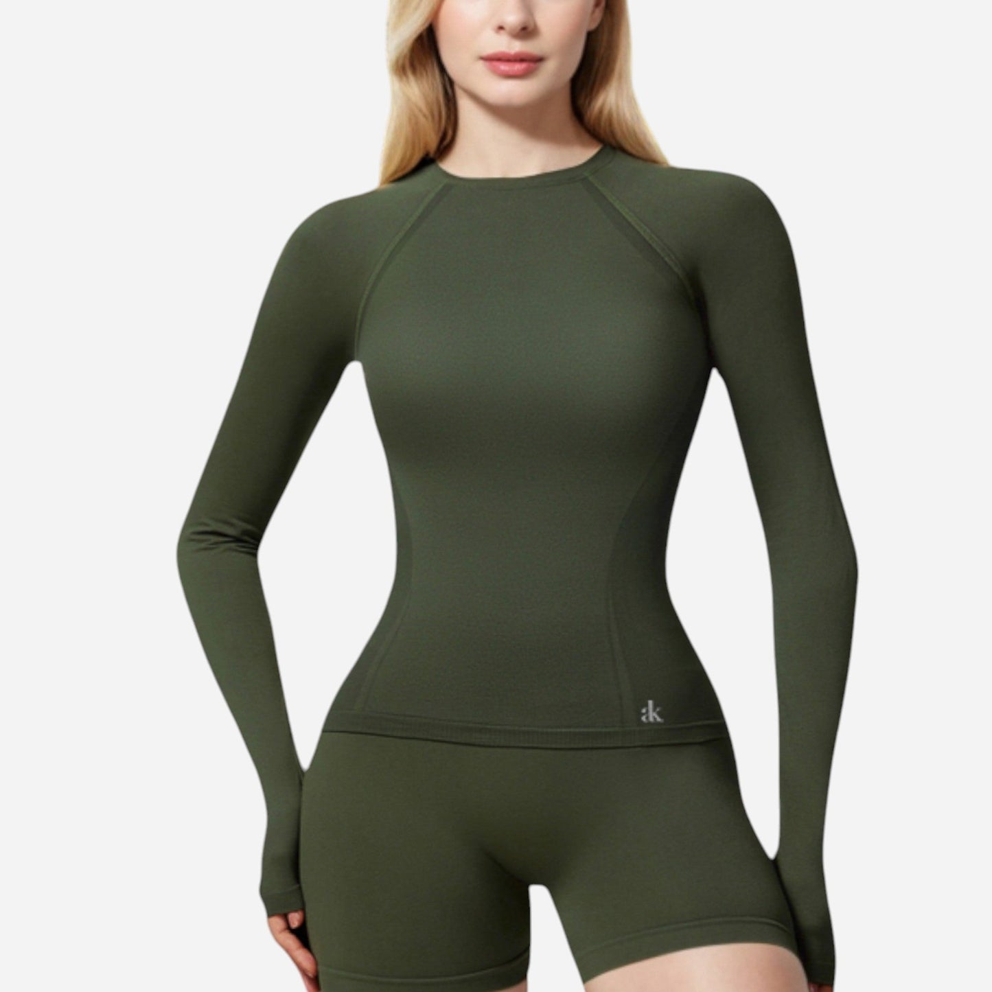 Active Women's Long Sleeve Fitted Crew Neck Top with Thumbhole Cuffs and Seam Detailing