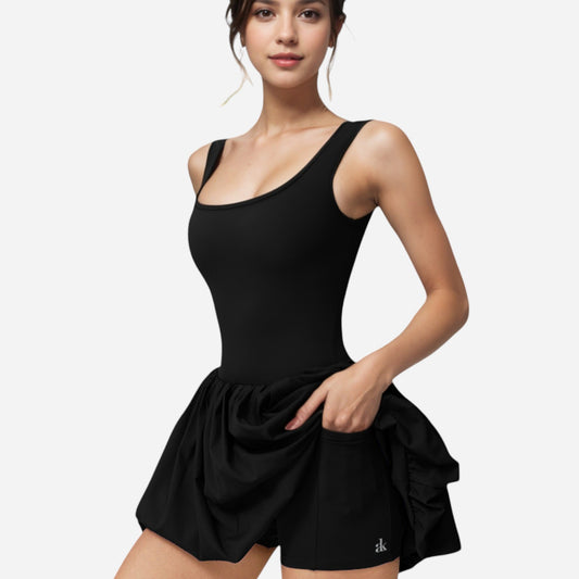 Active Women's Sleeveless Fitted Bodysuit Dress with Bubble Hem Skirt and Scoop Neck