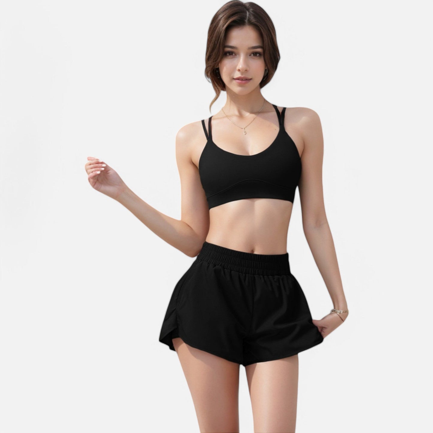 Active Women's High Waist Double Layered Running Shorts with Elastic Waistband and Curved Hem