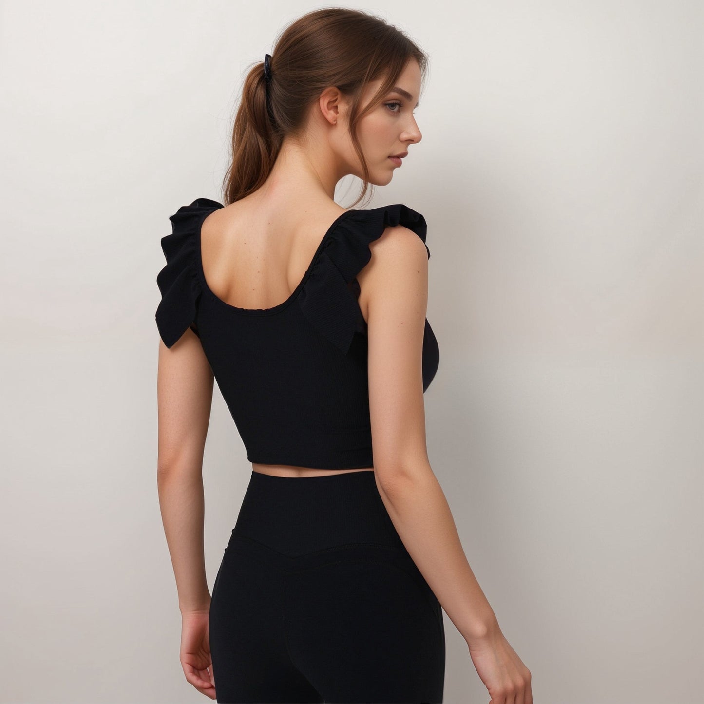 Active Women's Ribbed Scoop Neck Crop Top with Flutter Shoulder Details and Seamless Fitted Design