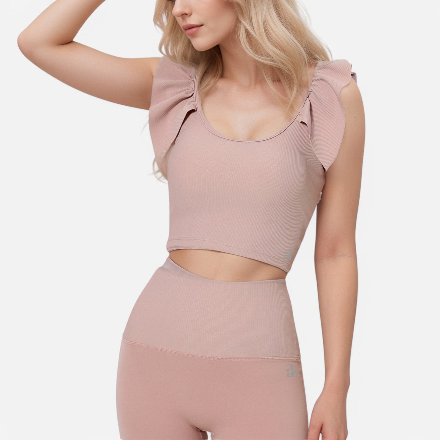 Active Women's Ribbed Scoop Neck Crop Top with Flutter Shoulder Details and Seamless Fitted Design