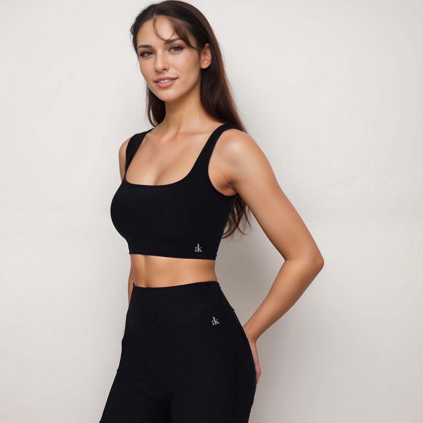 Active Women's Ribbed Seamless Scoop Neck Crop Top with Wide Straps and Subtle Contour Stitching