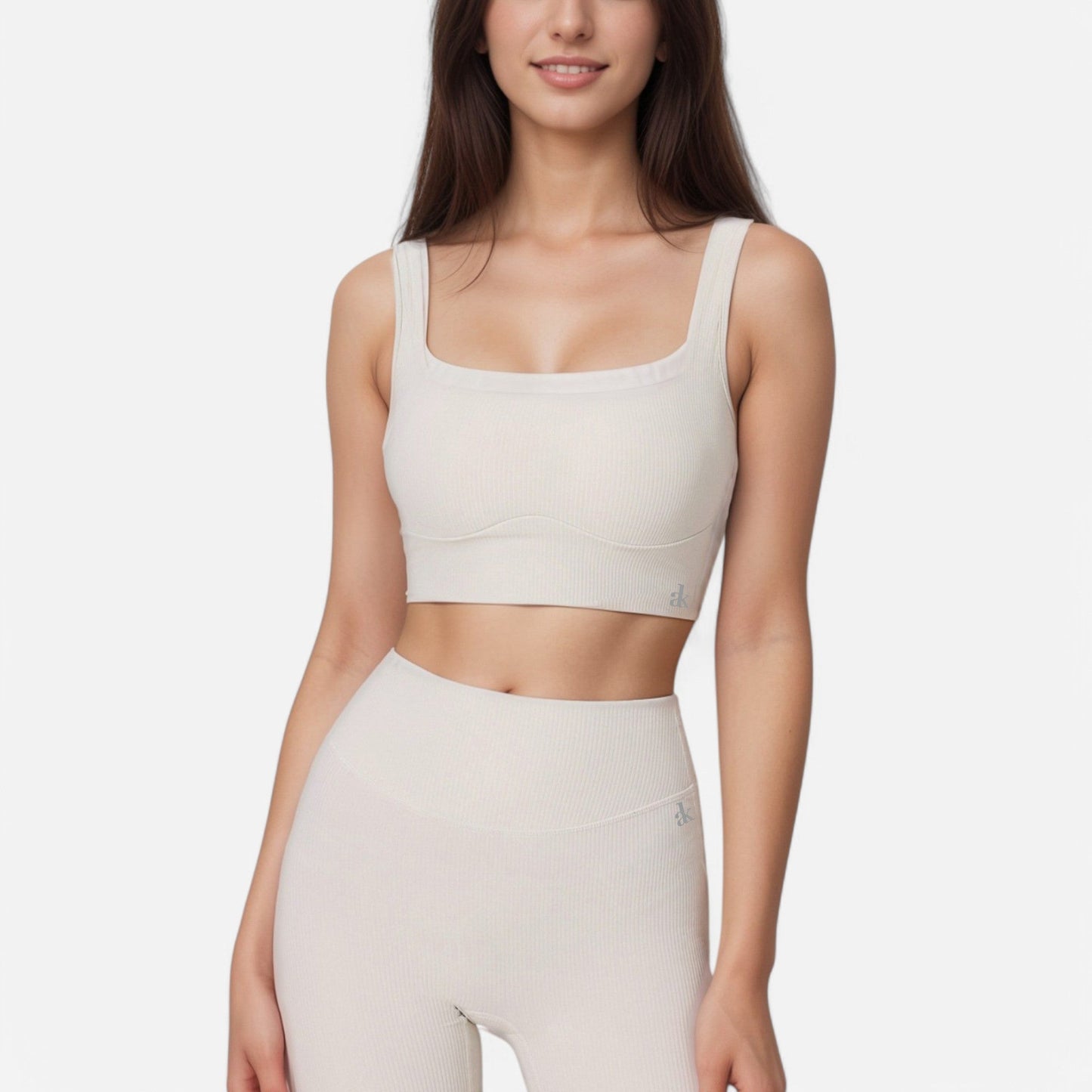 Active Women's Ribbed Seamless Scoop Neck Crop Top with Wide Straps and Subtle Contour Stitching