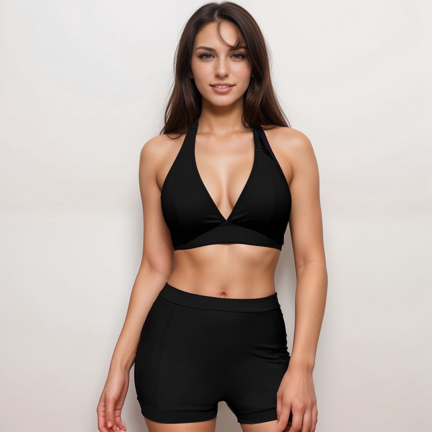 Swim Women's Two Piece Bikini Set with Halter Triangle Top and High Waist Swim Shorts Bottom