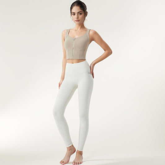 Zip-Up Cropped Athletic Tank Top with Built-In Bra and Contoured Seam Design