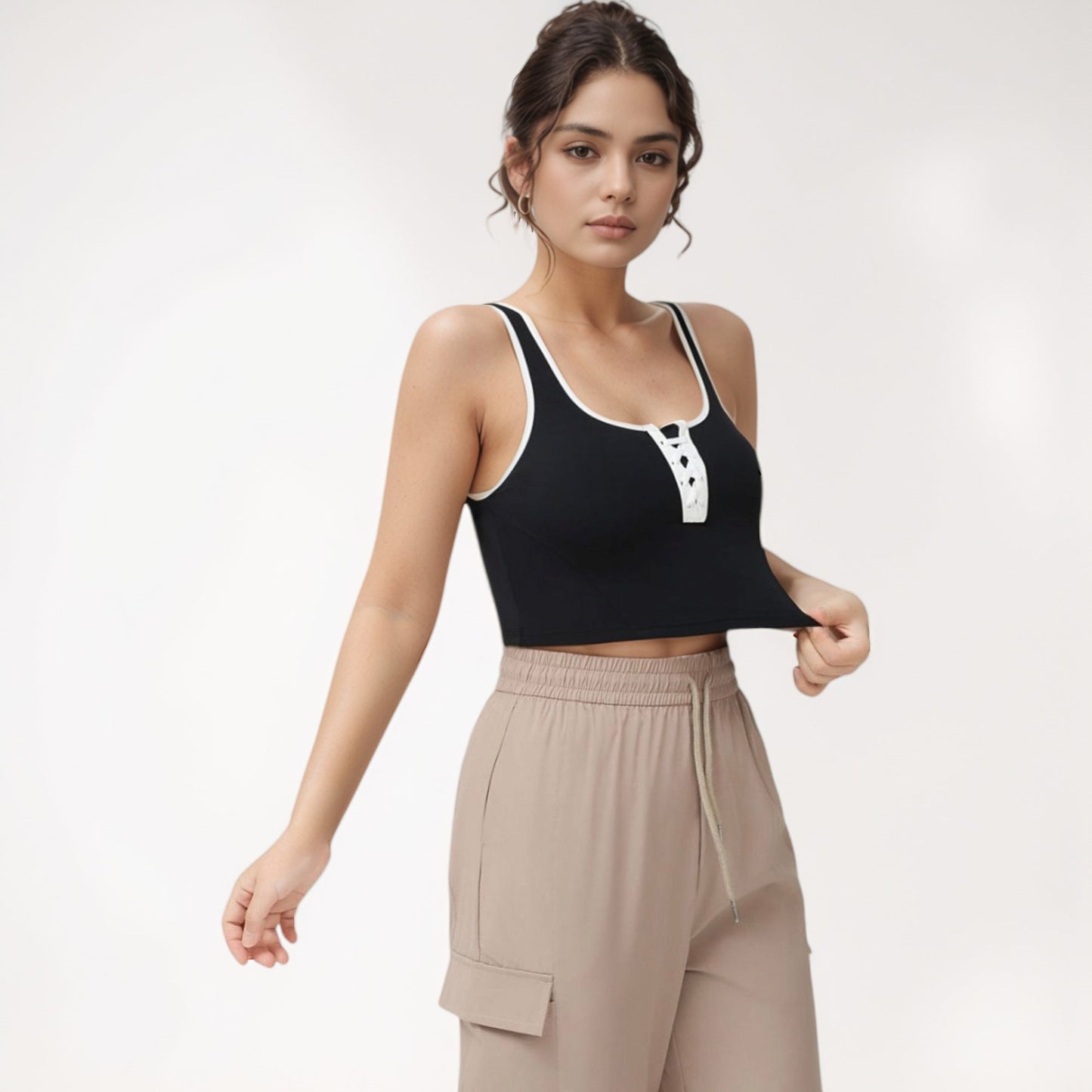 Cropped Tank Top with Contrast Trim and Lace-Up Front Detail