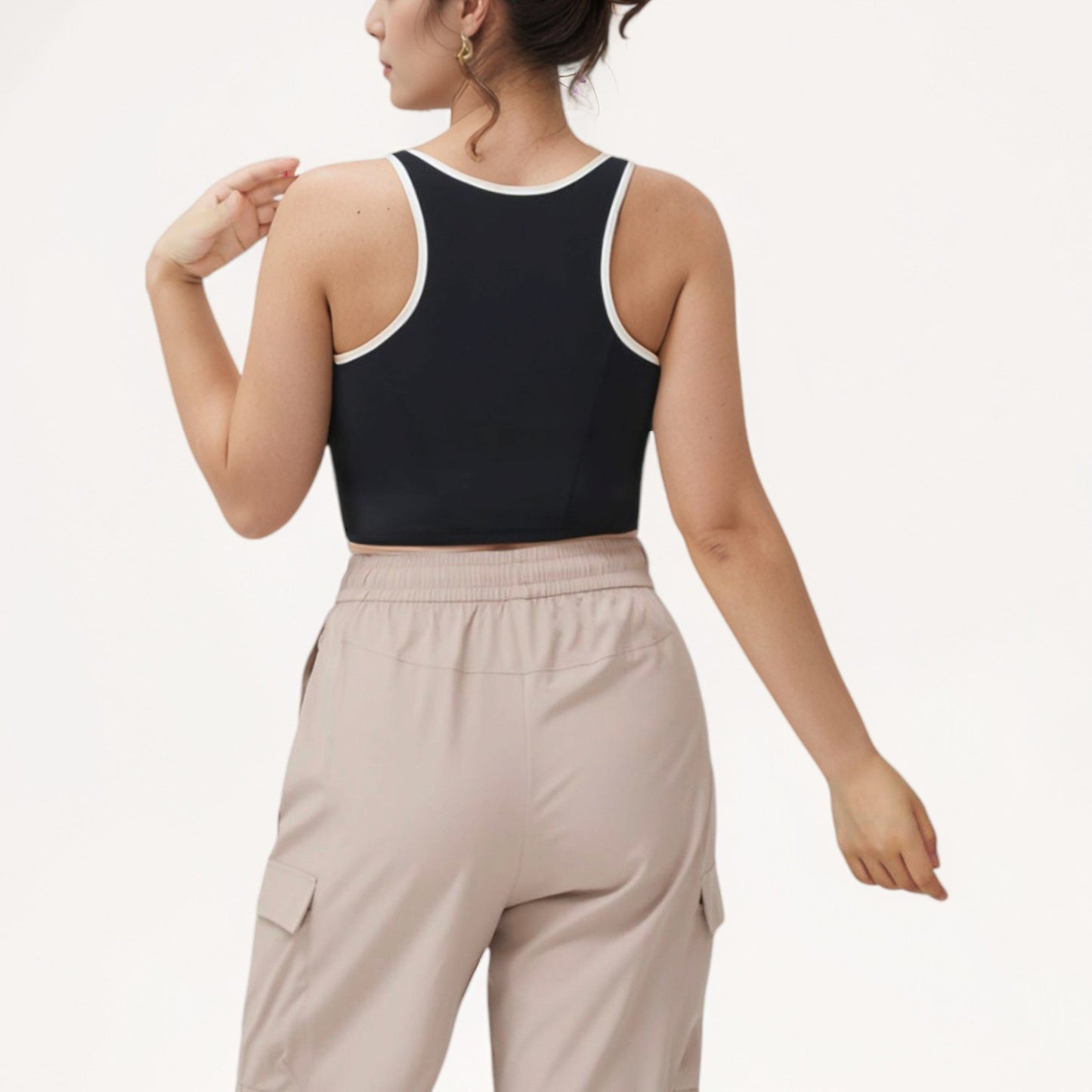 Cropped Tank Top with Contrast Trim and Lace-Up Front Detail