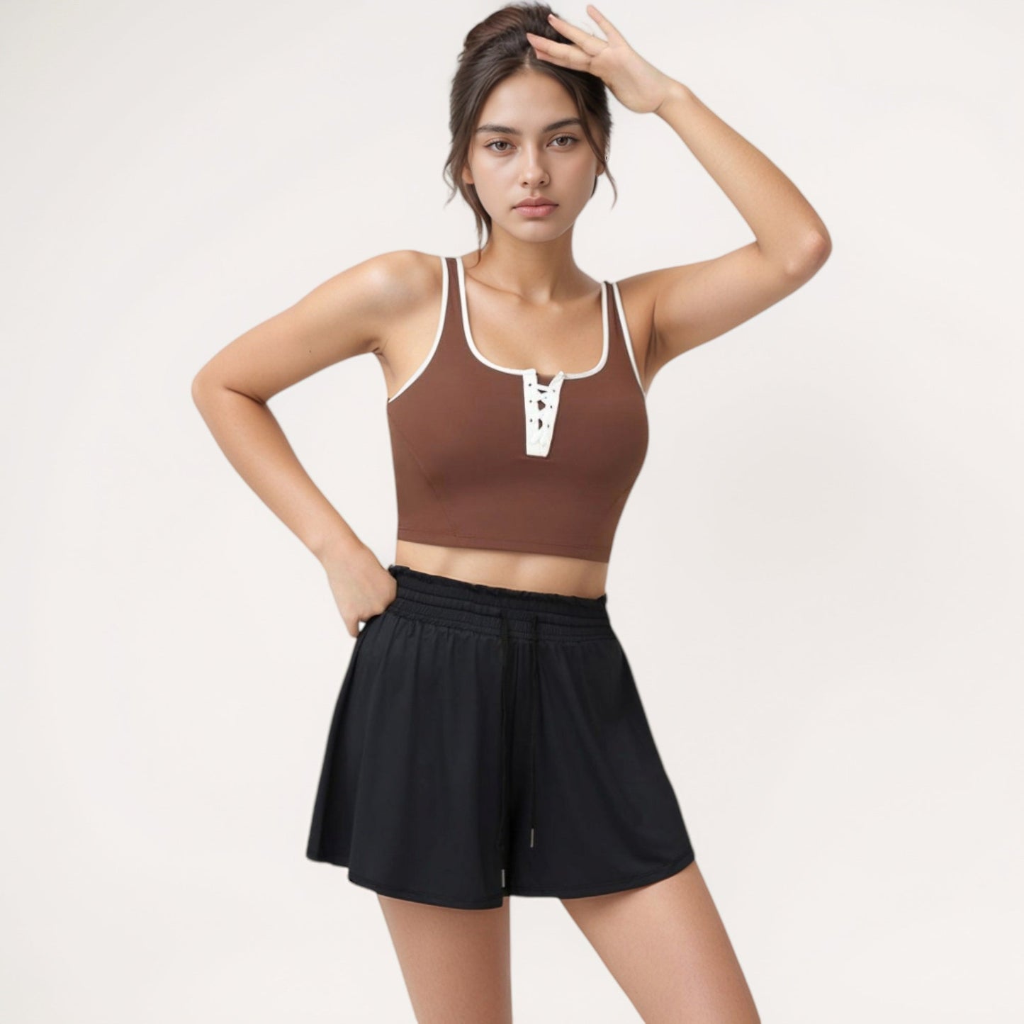 Cropped Tank Top with Contrast Trim and Lace-Up Front Detail
