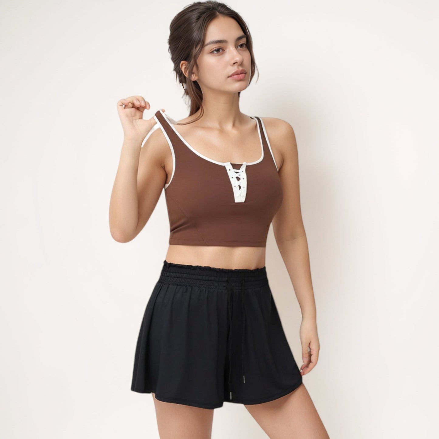 Cropped Tank Top with Contrast Trim and Lace-Up Front Detail