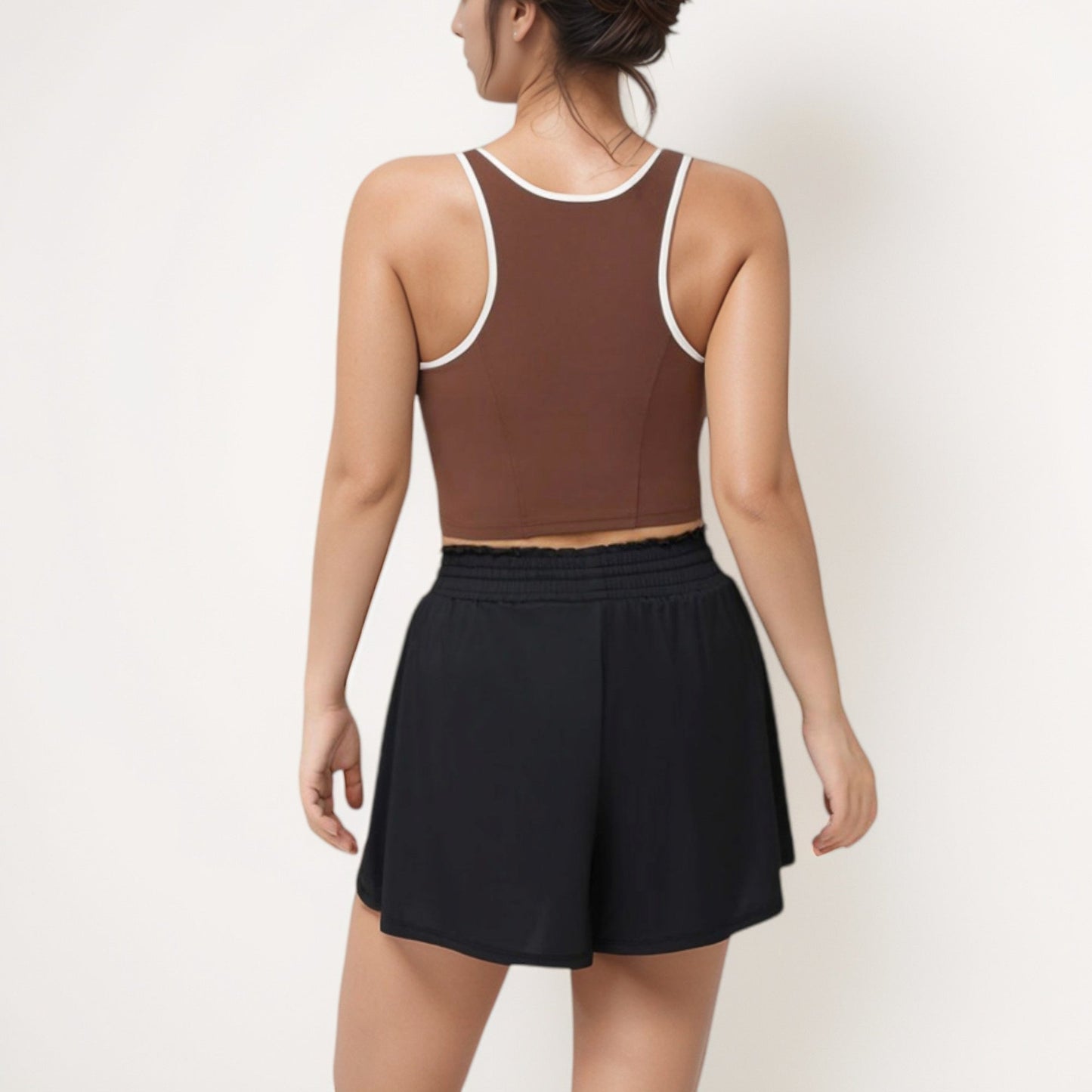 Cropped Tank Top with Contrast Trim and Lace-Up Front Detail