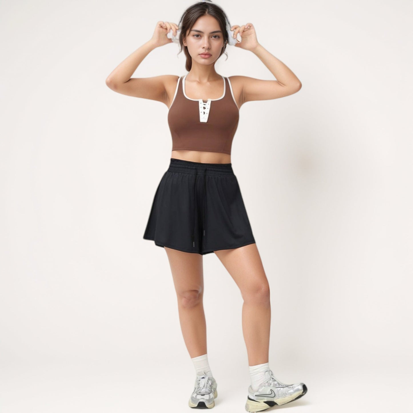 Cropped Tank Top with Contrast Trim and Lace-Up Front Detail