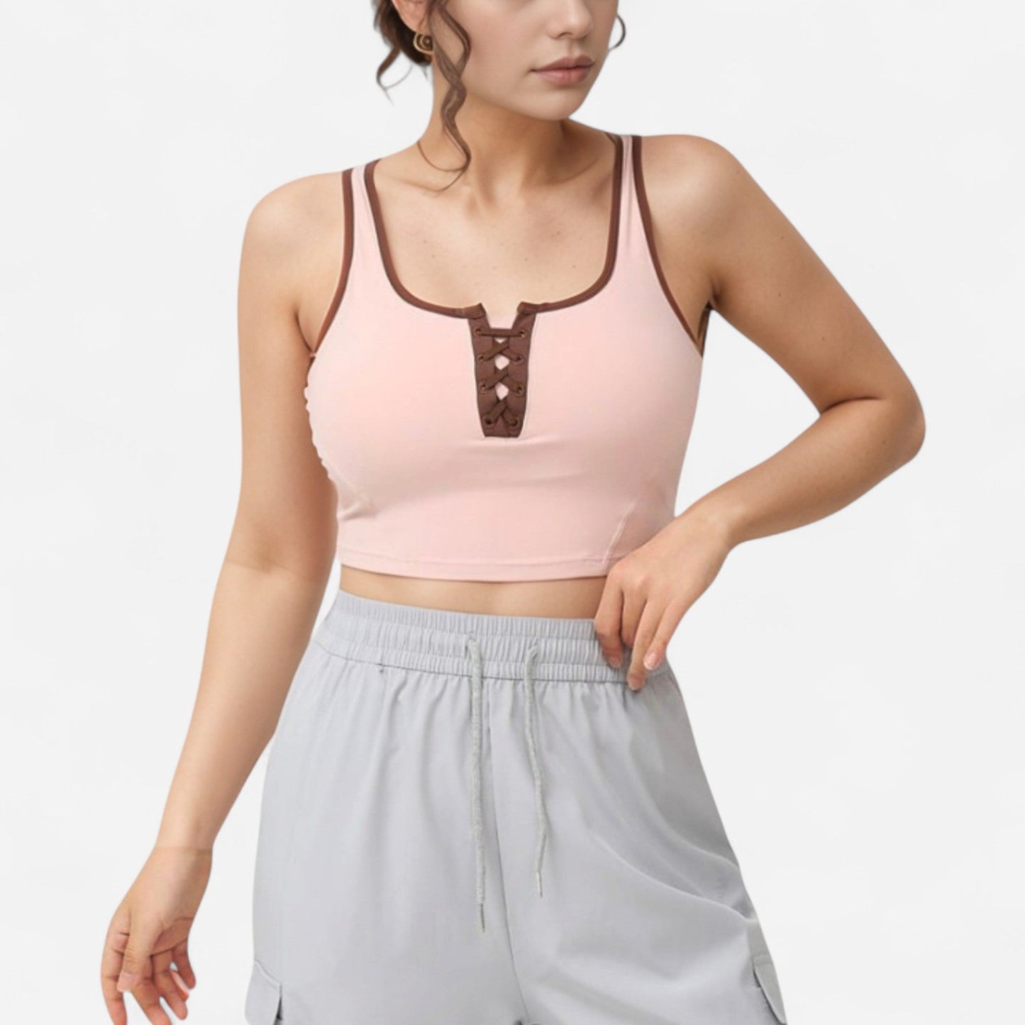 Cropped Tank Top with Contrast Trim and Lace-Up Front Detail