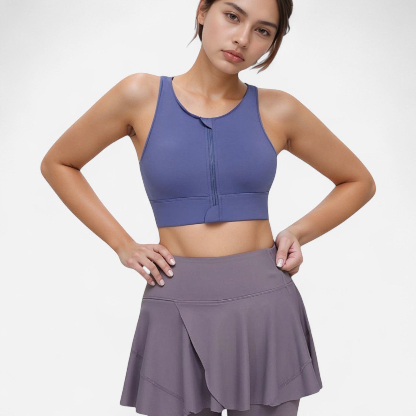 Front Zip Sports Crop Top with Scoop Neck and Wide Straps for Support