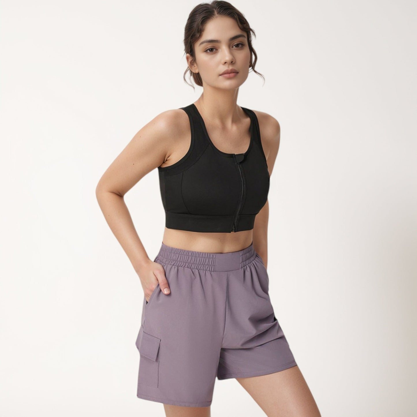 Front Zip Crop Sports Bra with Scoop Neckline and Wide Shoulder Straps for Medium Support