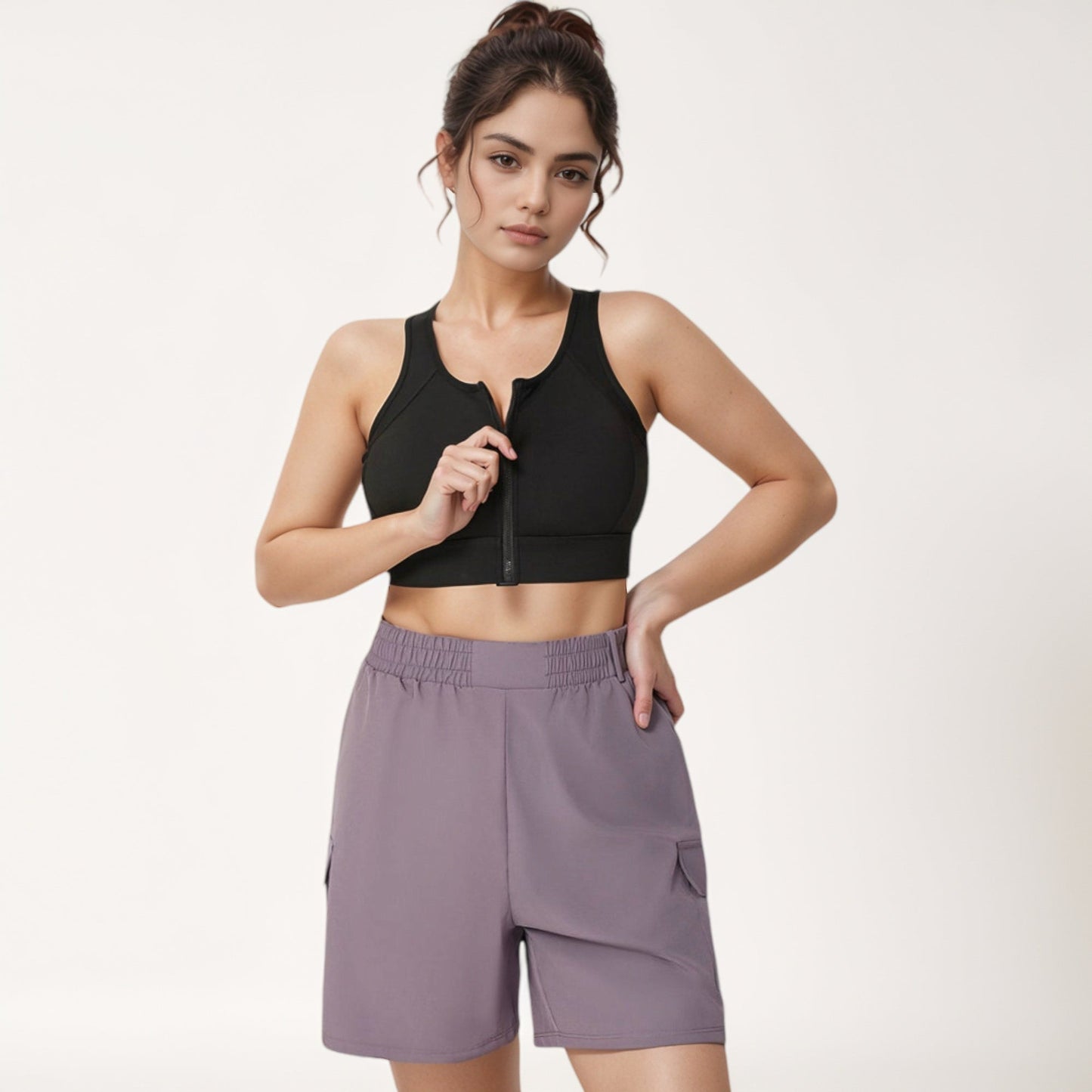 Front Zip Crop Sports Bra with Scoop Neckline and Wide Shoulder Straps for Medium Support