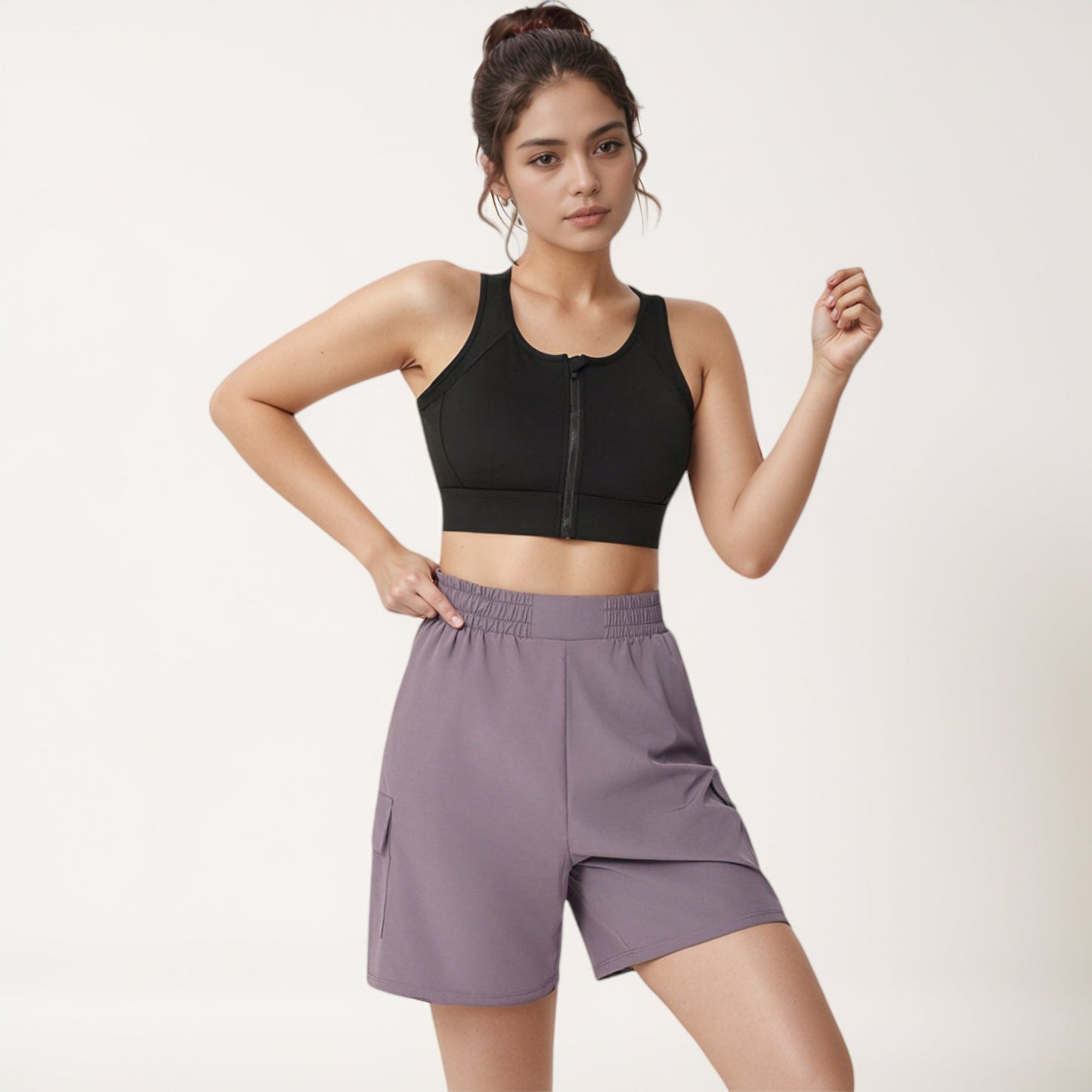 Front Zip Crop Sports Bra with Scoop Neckline and Wide Shoulder Straps for Medium Support