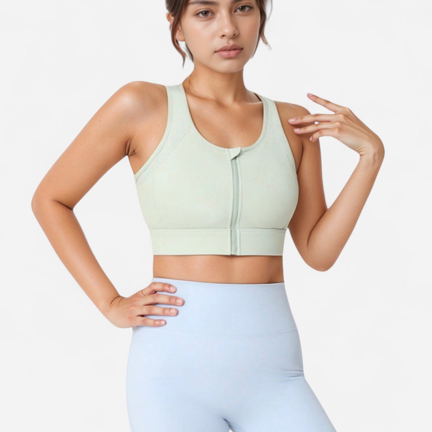 Front Zip Crop Sports Bra with Scoop Neckline and Wide Shoulder Straps for Medium Support