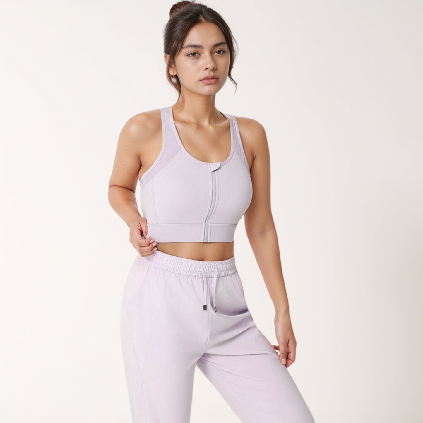 Front Zip Crop Sports Bra with Scoop Neckline and Wide Shoulder Straps for Medium Support