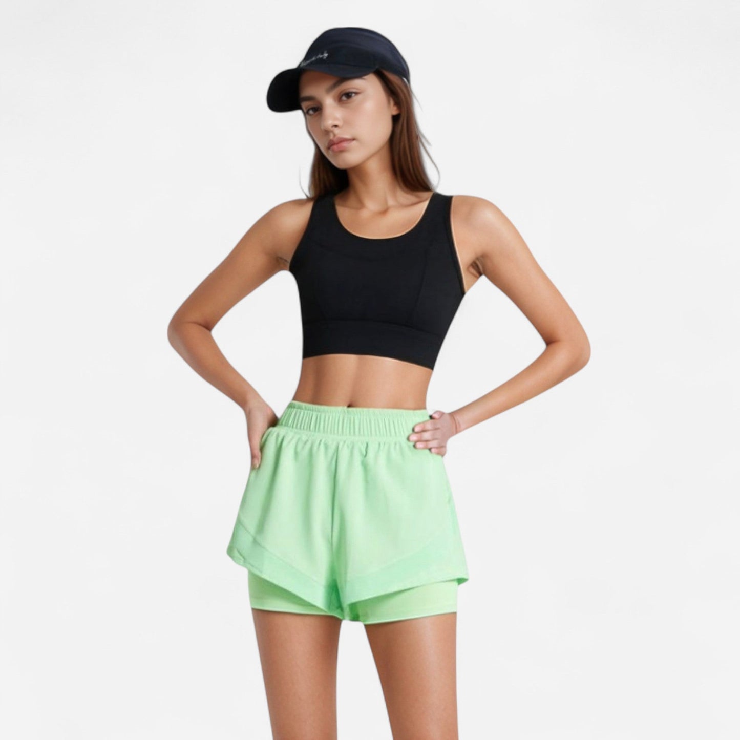 High Waist Layered Active Shorts with Inner Compression Liner and Wide Elastic Waistband