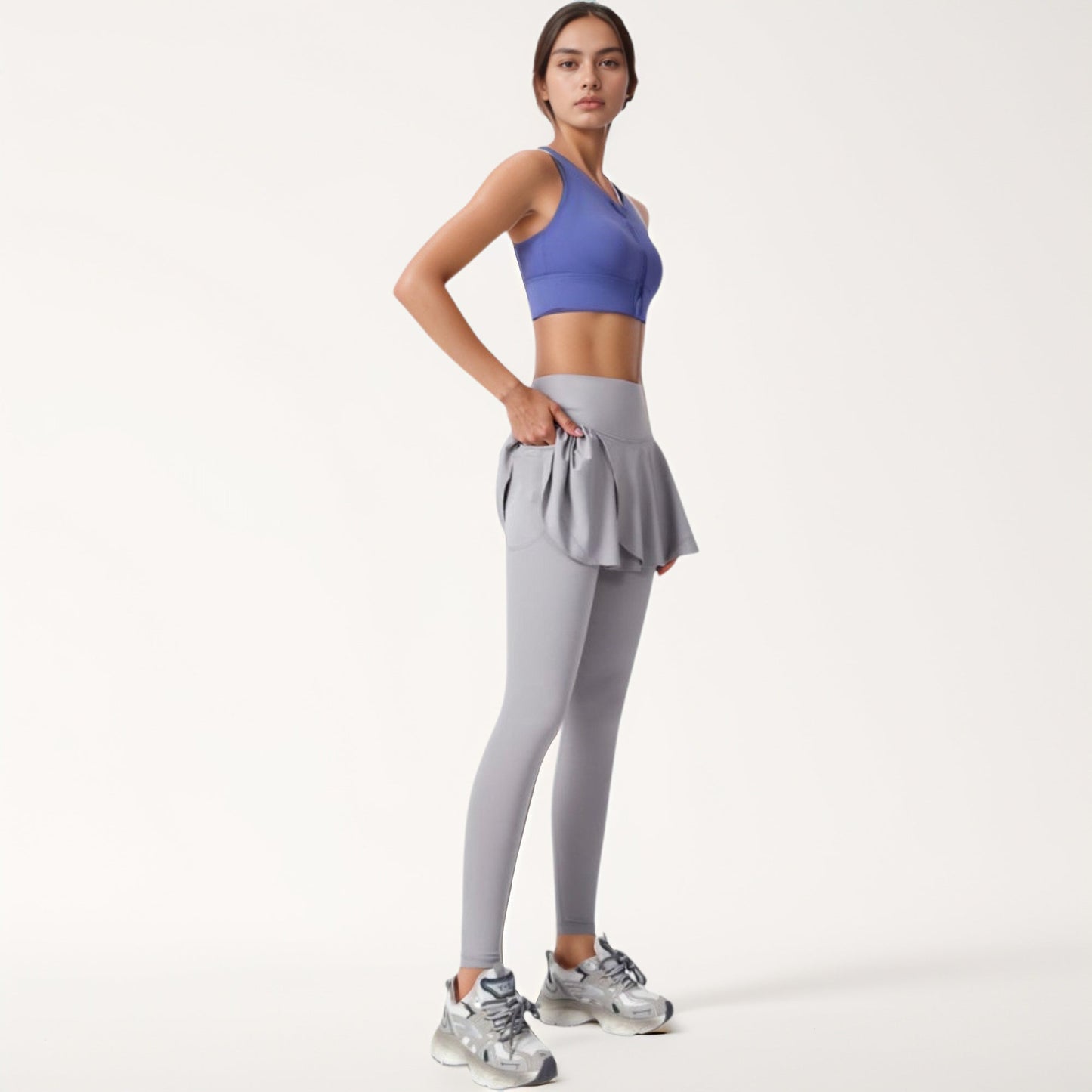 High Waist Leggings with Attached Flowy Skirt Overlay for Active and Casual Wear