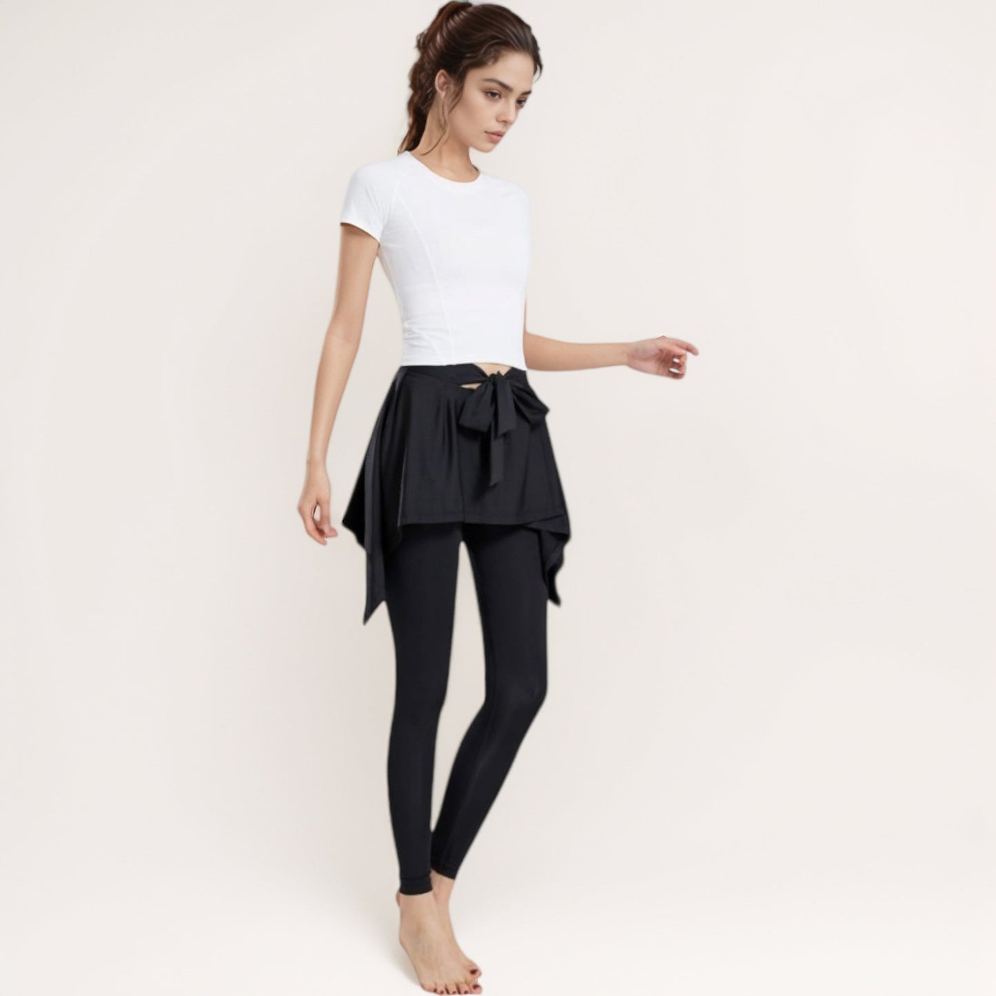 Full-Length Leggings with Attached Tie-Front Skirt Overlay for Active and Casual Looks