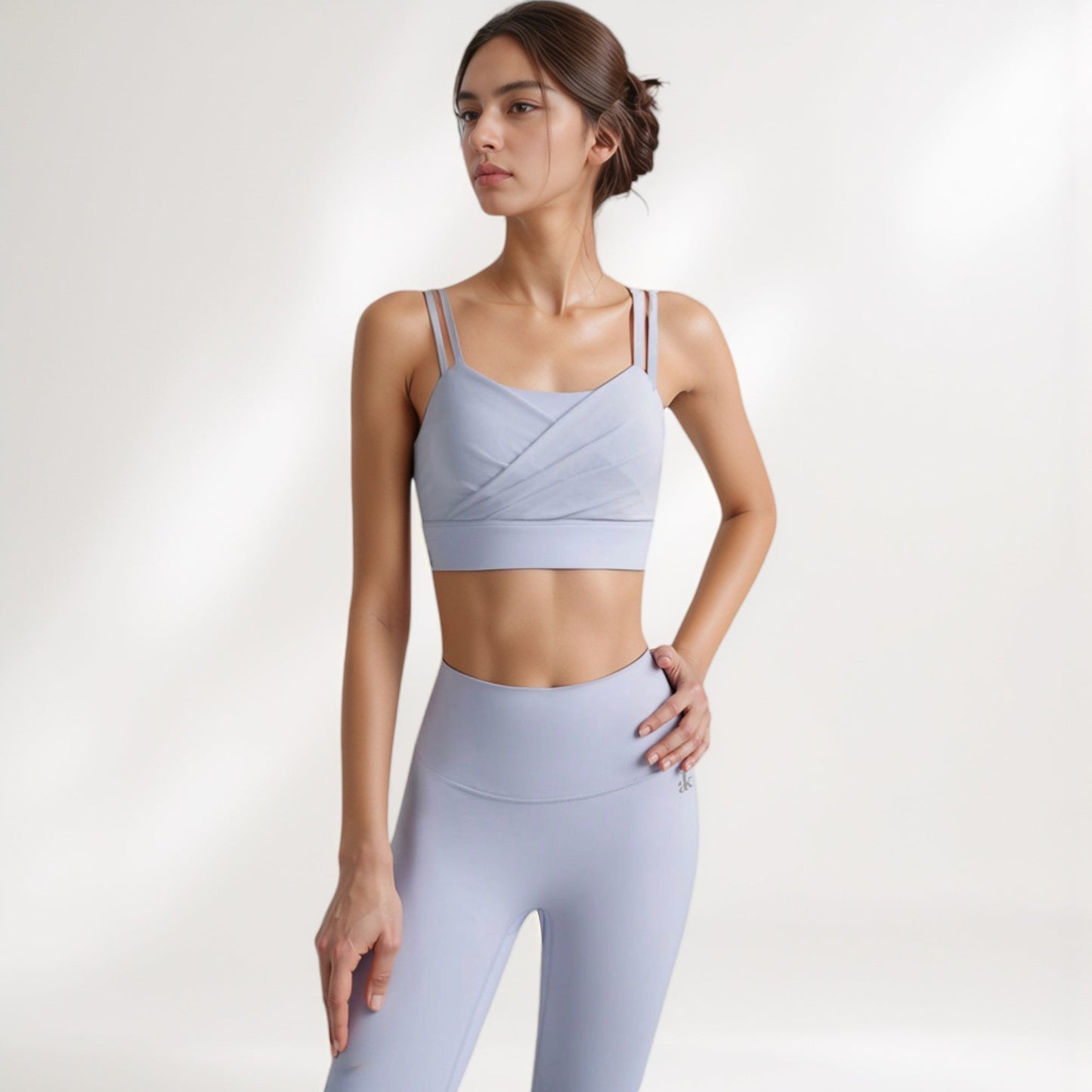 Crisscross Sports Bra with Double Strap Design and Ruched Front Detail for Active Comfort