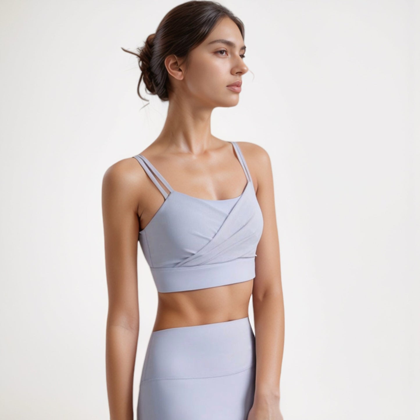 Crisscross Sports Bra with Double Strap Design and Ruched Front Detail for Active Comfort