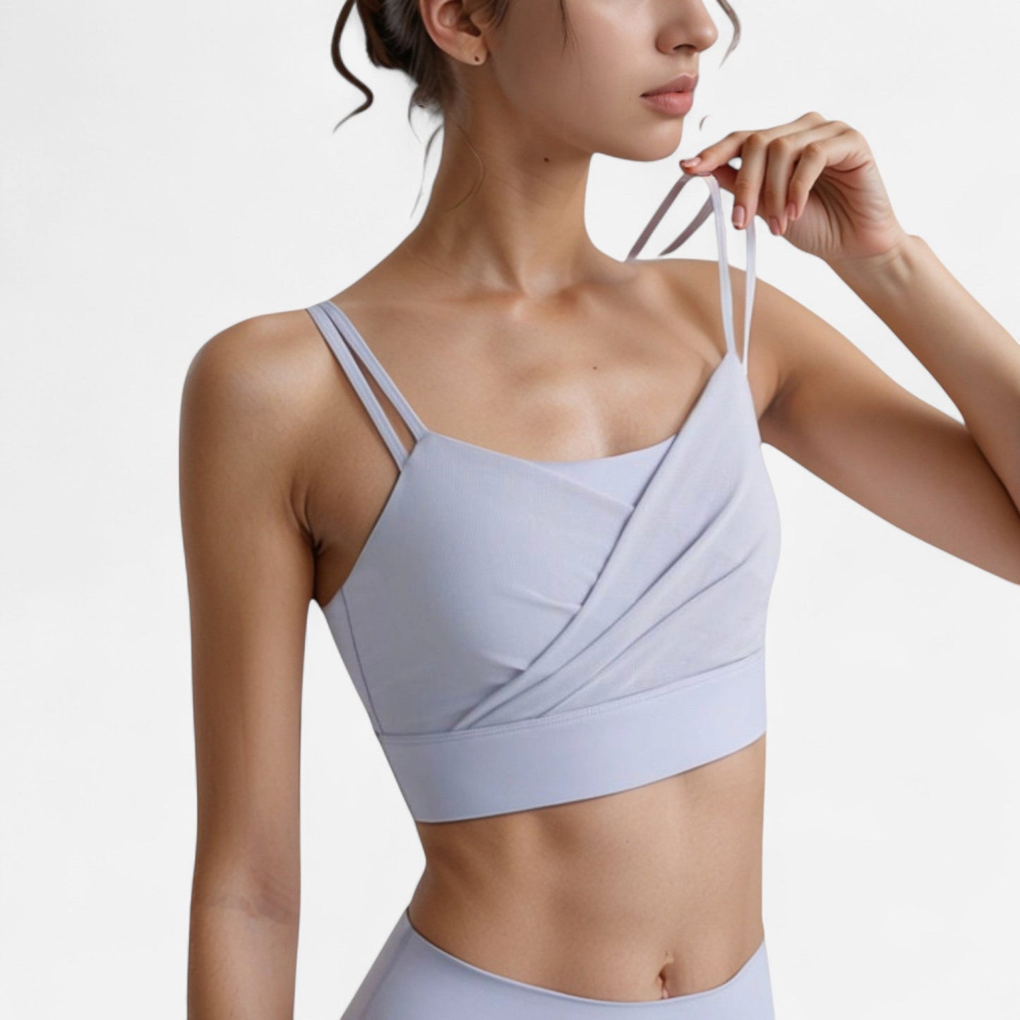 Crisscross Sports Bra with Double Strap Design and Ruched Front Detail for Active Comfort