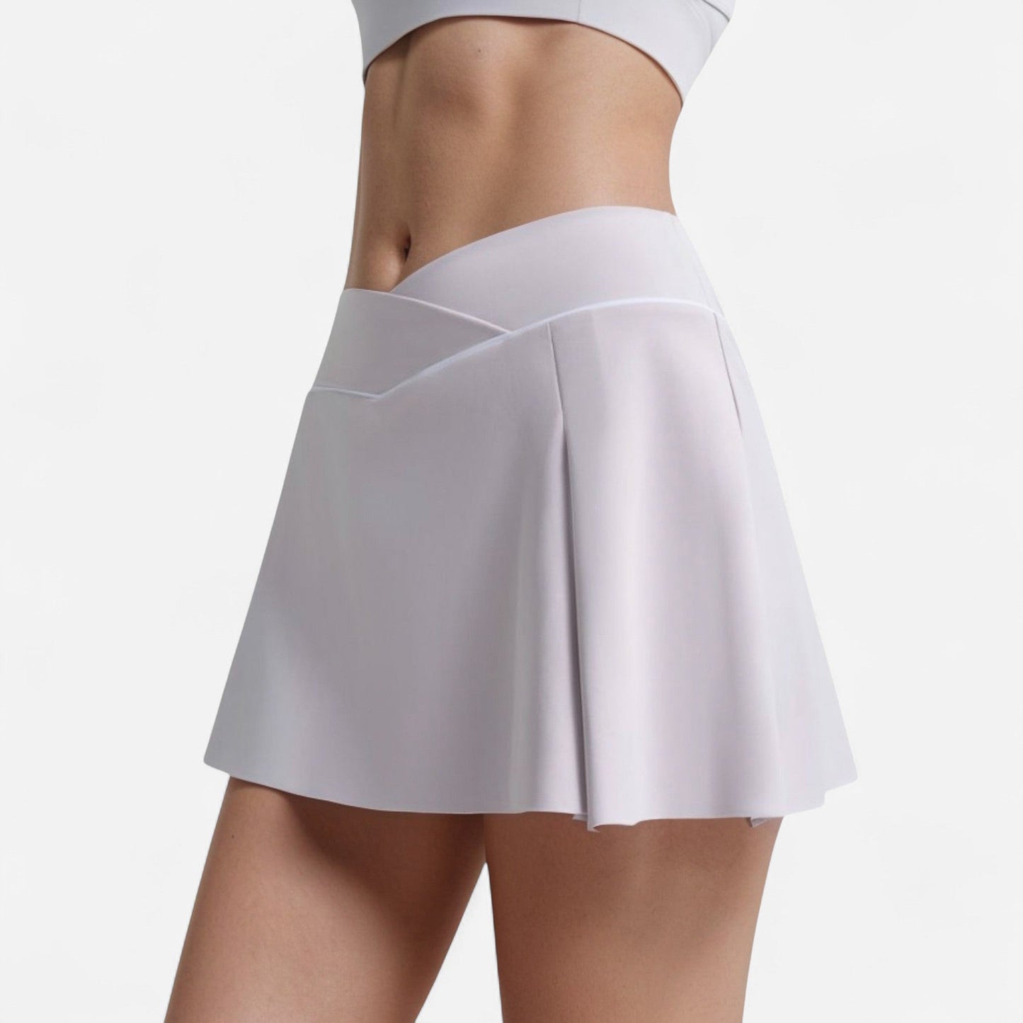 V Crossover Waist Tennis Skort with Built-In Shorts and White Trim Detail