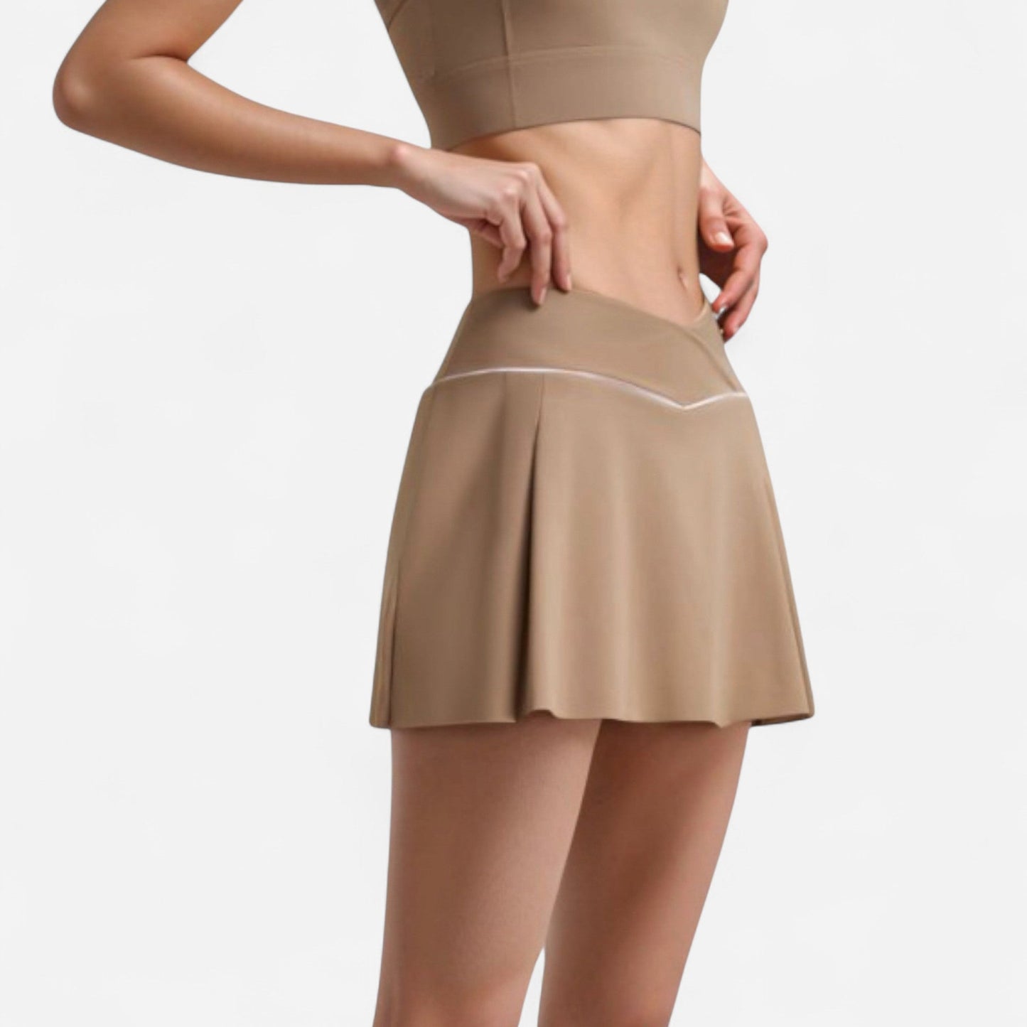 V Crossover Waist Tennis Skort with Built-In Shorts and White Trim Detail