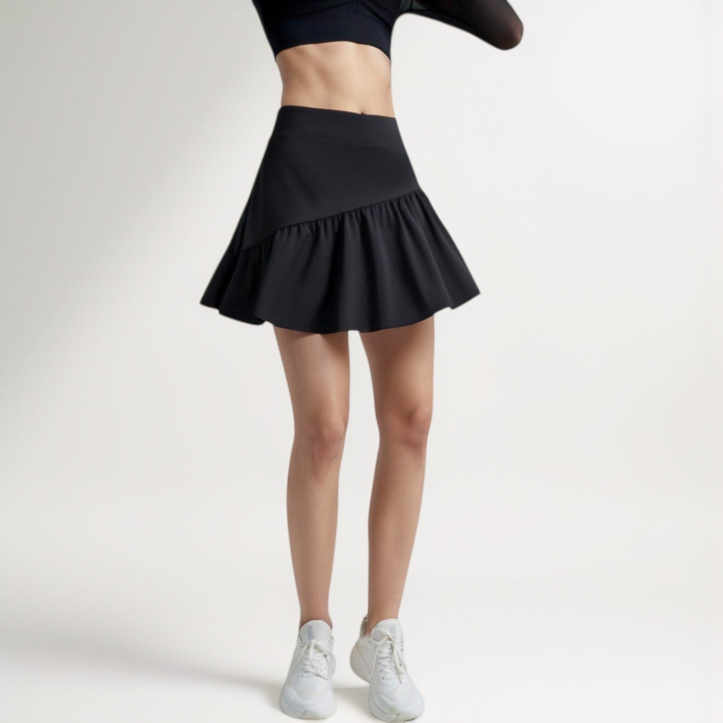 High Waist Active Skort with Built-In Shorts and Soft Gathered Hem Detail