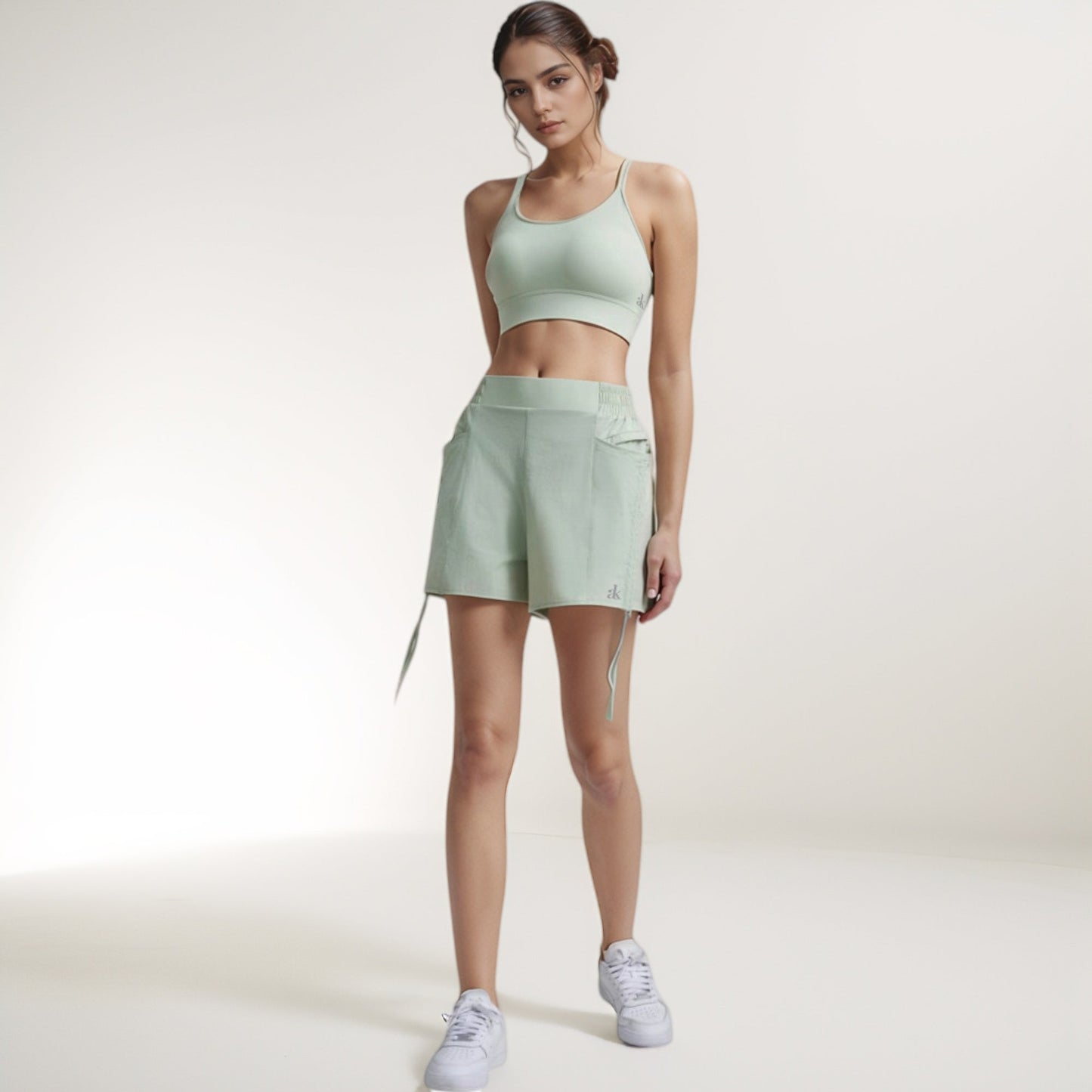 High Waist Active Shorts with Elastic Side Waistband Large Pockets and Adjustable Drawstring Hem