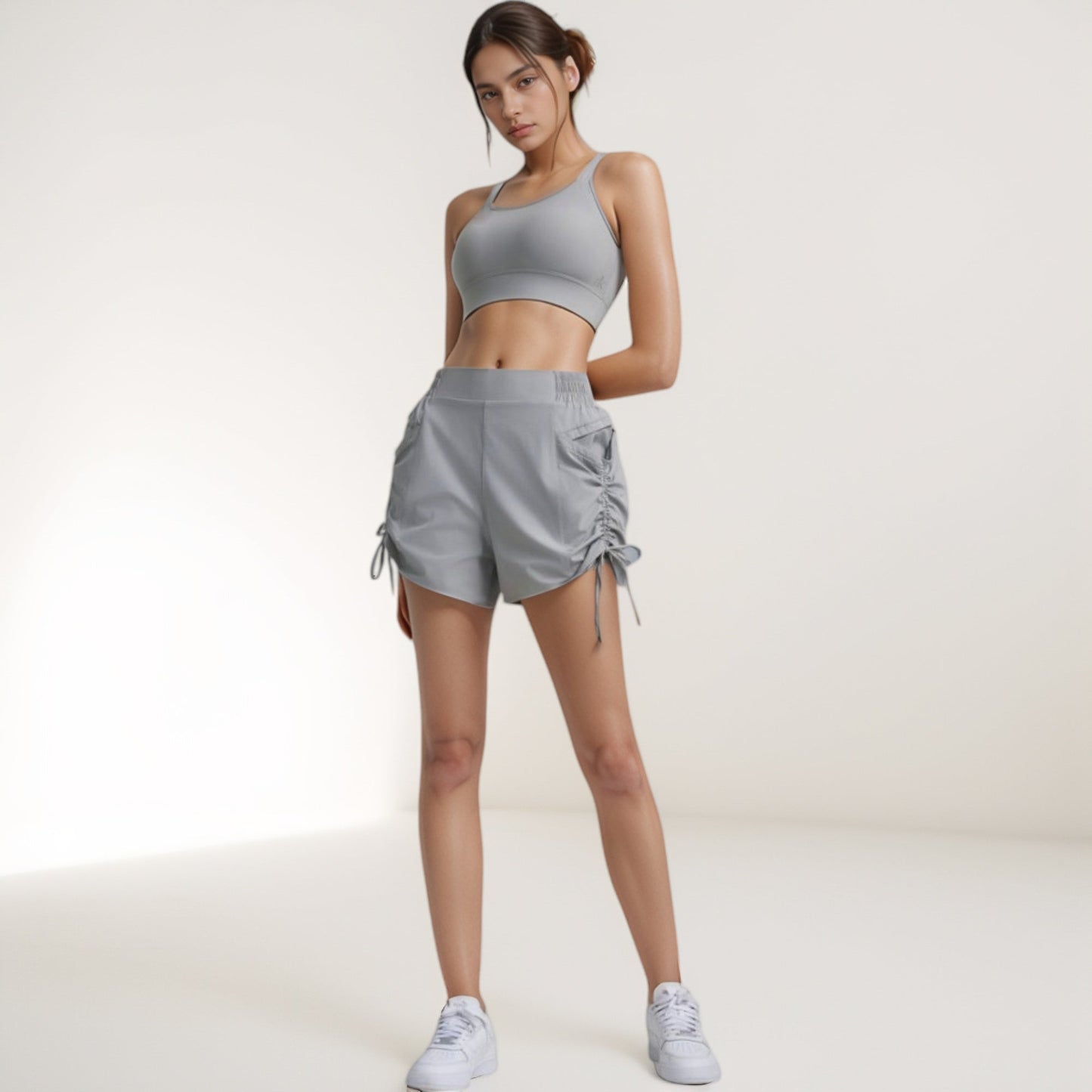 High Waist Active Shorts with Elastic Side Waistband Large Pockets and Adjustable Drawstring Hem