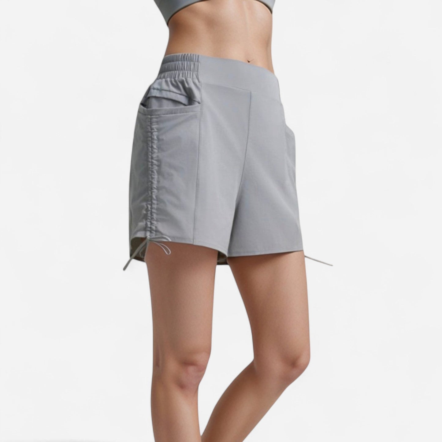 High Waist Active Shorts with Elastic Side Waistband Large Pockets and Adjustable Drawstring Hem