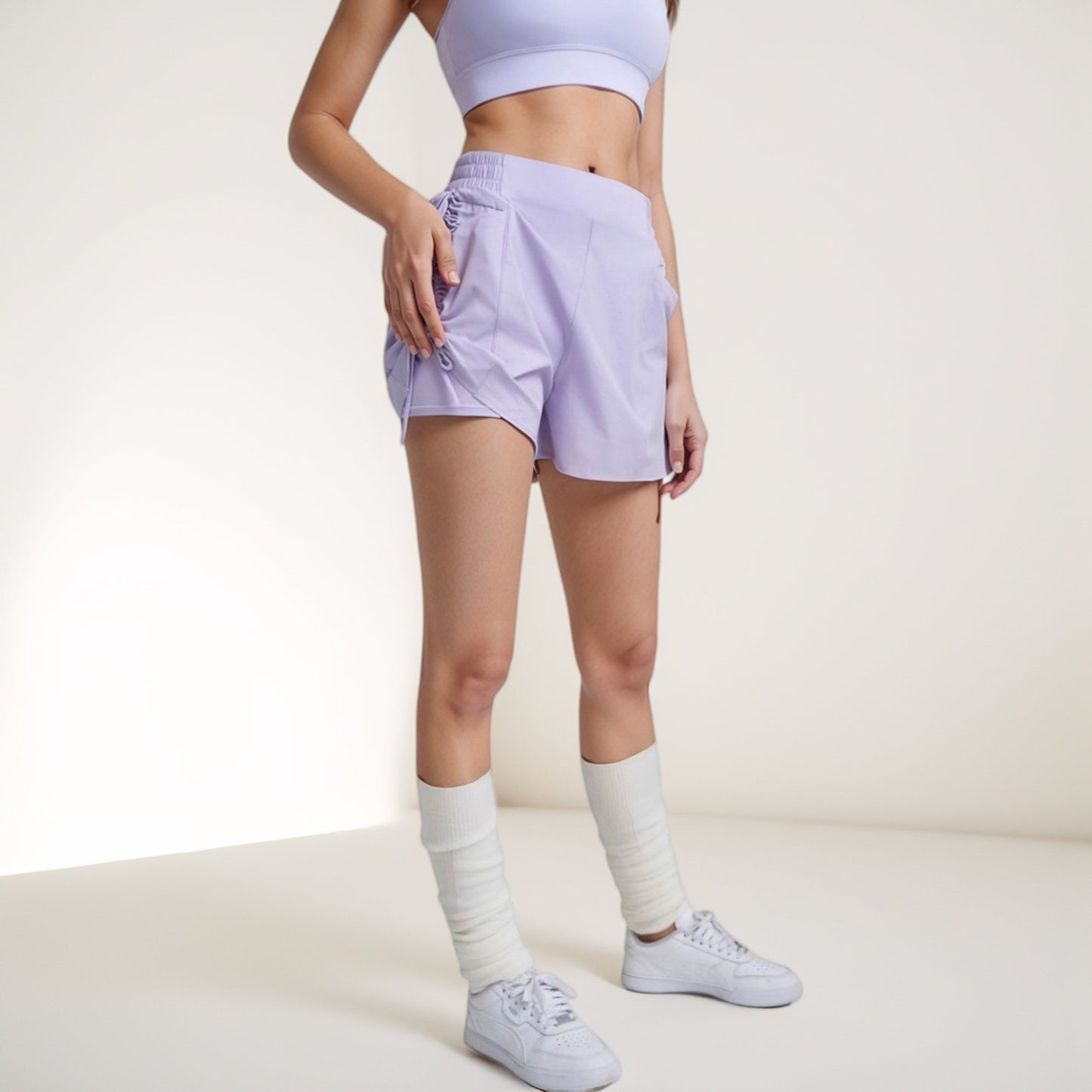 High Waist Active Shorts with Elastic Side Waistband Large Pockets and Adjustable Drawstring Hem