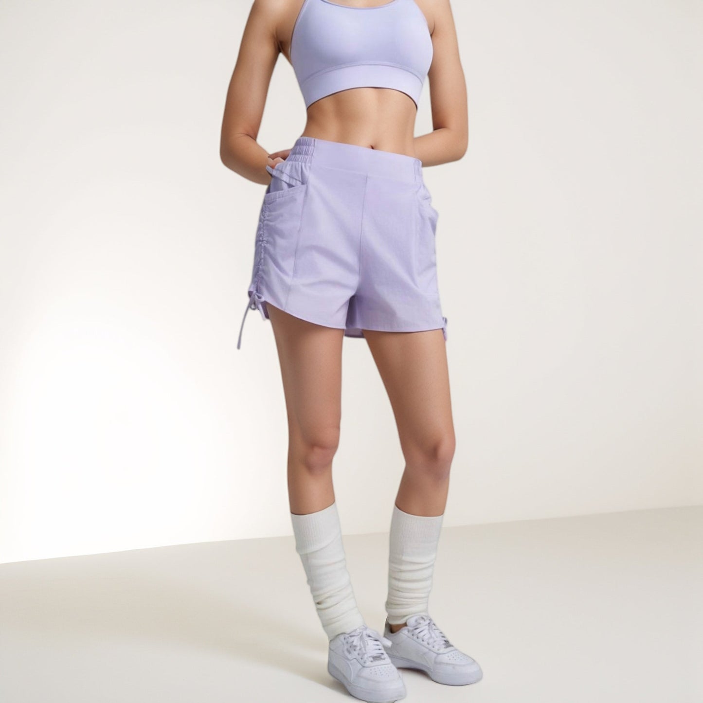 High Waist Active Shorts with Elastic Side Waistband Large Pockets and Adjustable Drawstring Hem